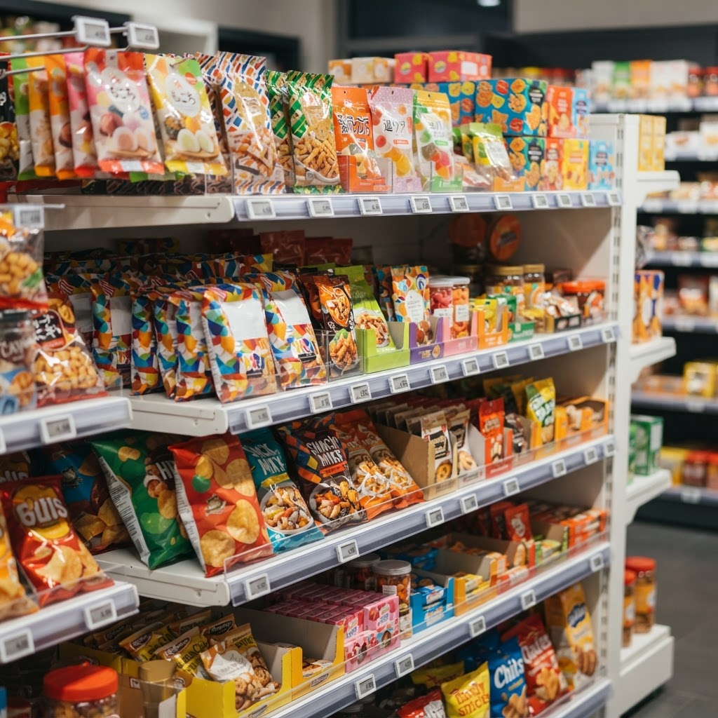 A retail shelf stocked with colourful international snacks