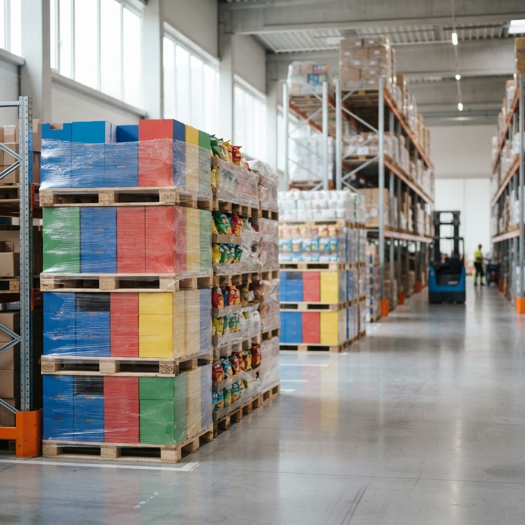 Pallets of international snack cartons staged in a logistics warehouse